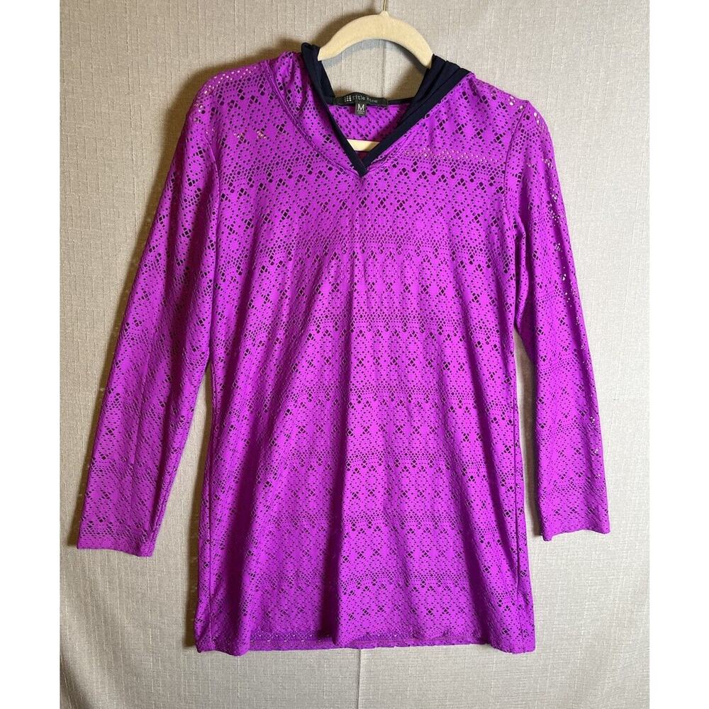 Title Nine Pink Laser Cut Tunic Swim Beach Cover Up Lace Hooded Swimwear Dress